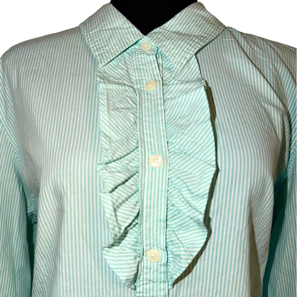 Old Navy Ruffle Front Green Striped 3/4 Sleeve Button Down Shirt XXL Plus Size‎
